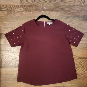 Embellished Burgundy Top with Pearl Accents